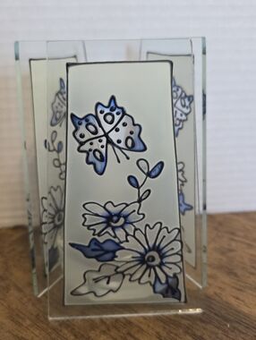 Vintage Cloisonne 6" Glass 3-Panel Tea Light Candle Holder Butterfly Flowers